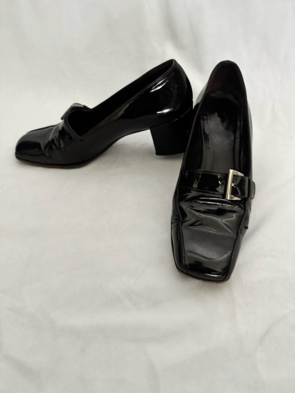 PRADA Milano Black Patent Leather Square Toe Block Heel Loafers Pumps Size 37.5